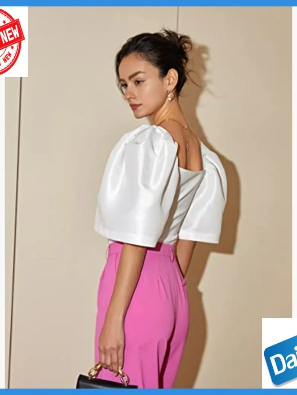 White Square Neck Puff Sleeve Crop Top Blouse Slim Fit Polyester